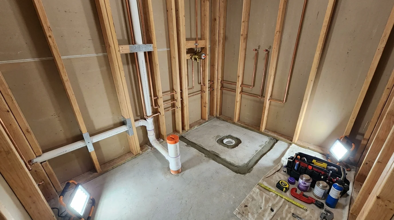 Bathroom rough-in plumbing during remodel by Johns Plumbing LLC in Beaufort