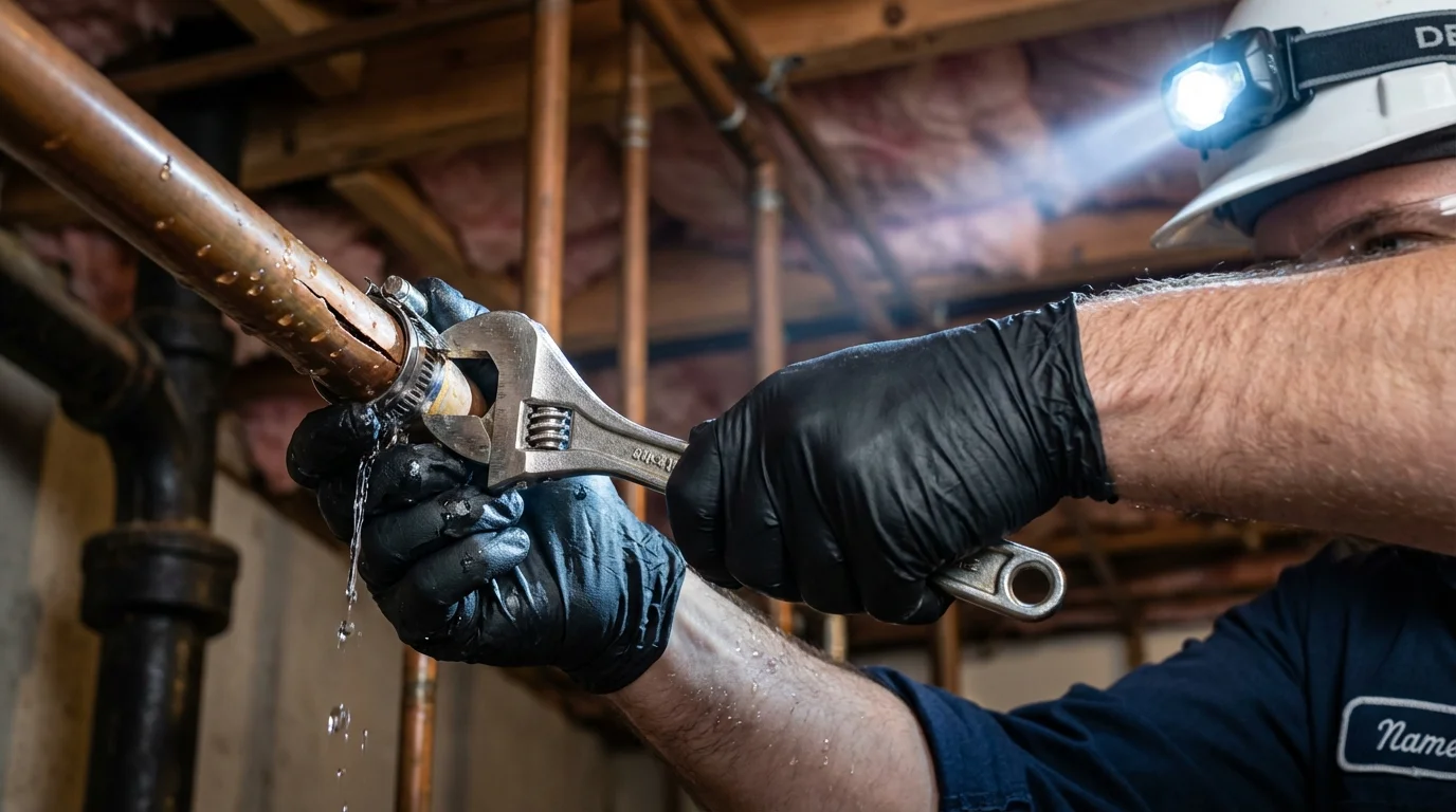 Emergency pipe clamp repair being performed by a Johns Plumbing LLC plumber in Beaufort