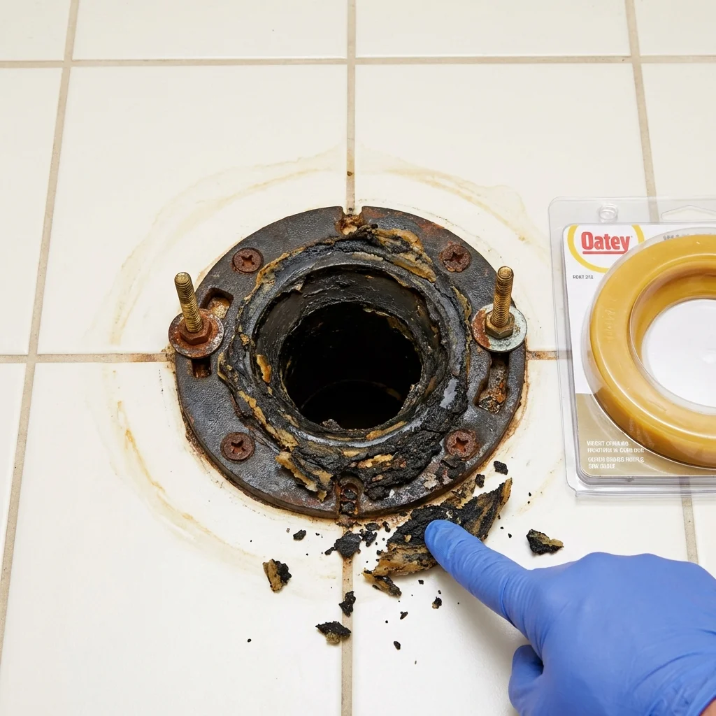 Failed wax ring showing water seepage at the base of a toilet in a Beaufort, NC home